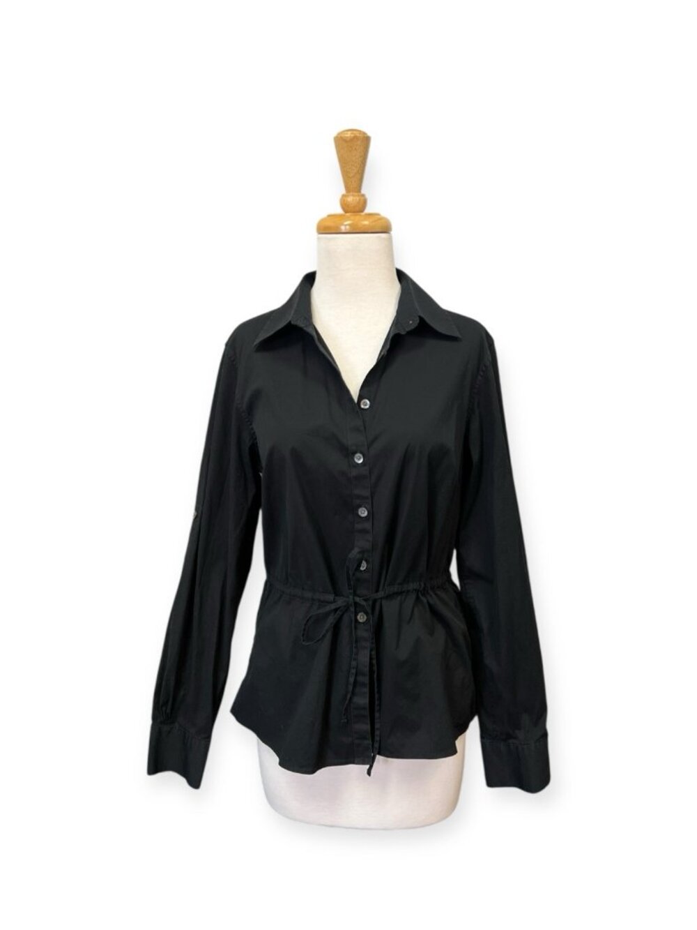 Brooks Brothers Black Drawstring Waist Button Down Shirt Size 10 Blouse